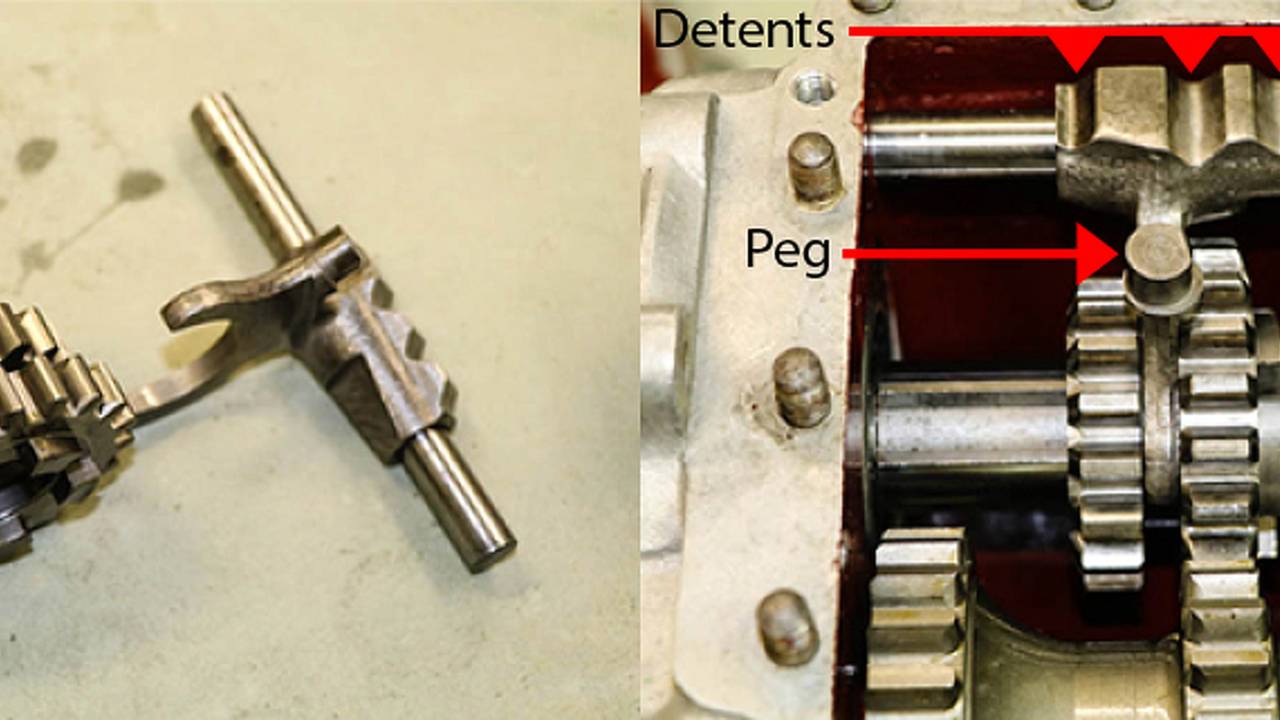The slider fork assembly, disassembled and installed in the transmission.