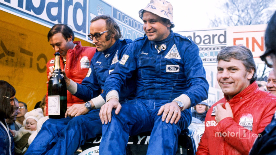 Podium- race winners Timo Makinen, Henry Liddon, second place Roger Clark, Tony Mason