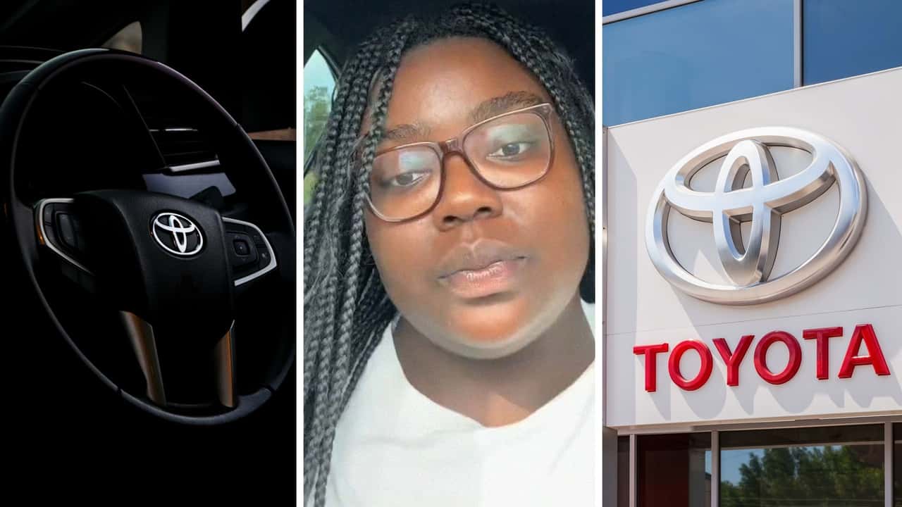Woman walks into Toyota dealership inquiring about Camry she saw online. Then a salesman plays in her face