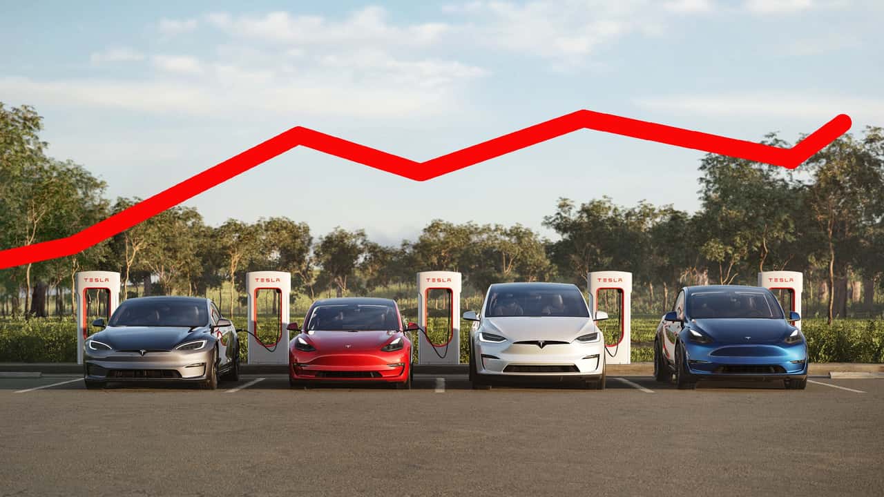 4 Tesla-Modelle mit stilisierter Absatzkurve