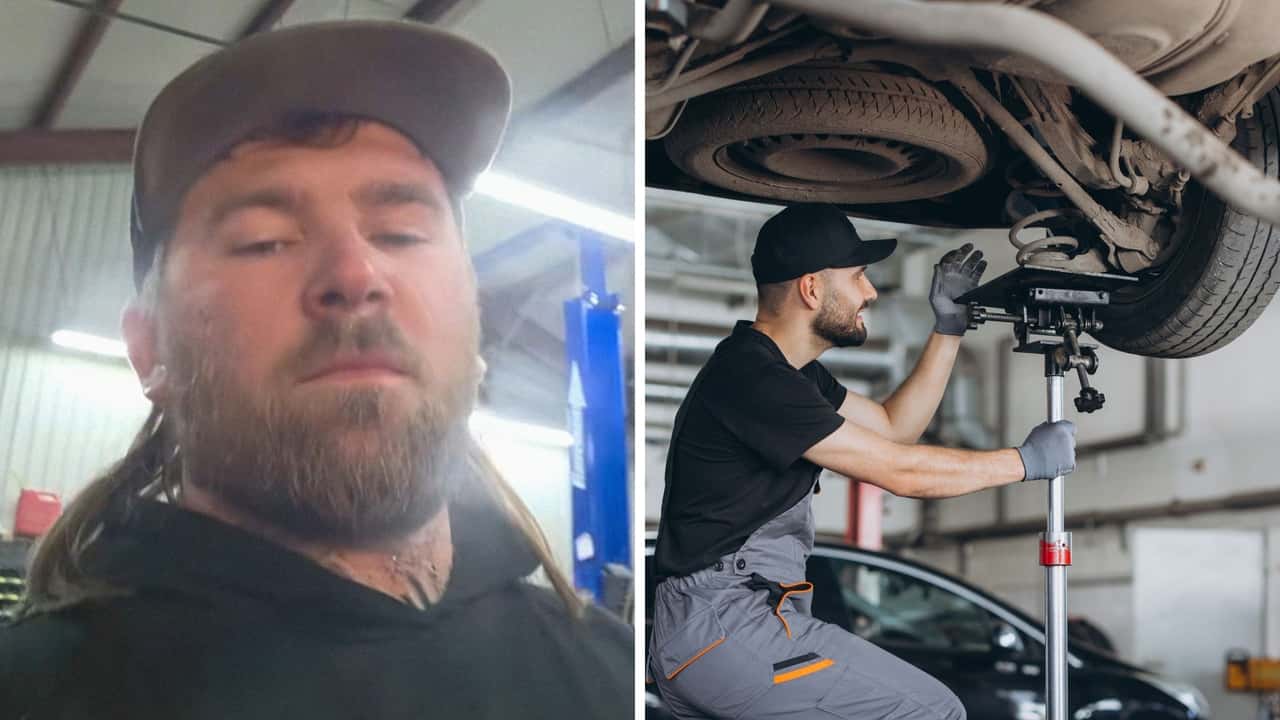 Mechanic Puts Truck On Lift