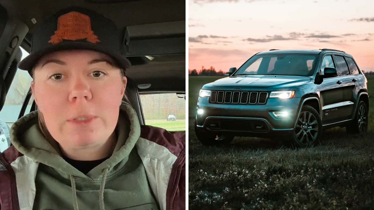 Woman has a Jeep with a battery