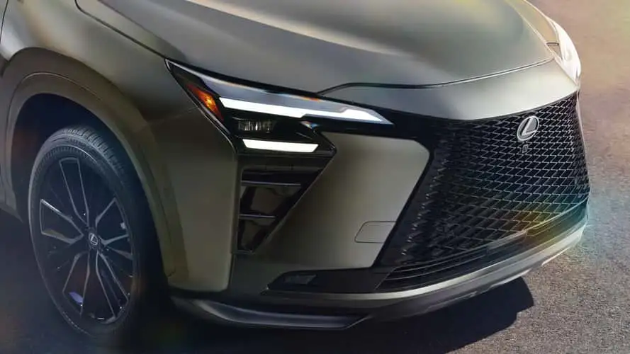 2027 Lexus NX front three-quarter view showing new spindle grille and redesigned LED headlights