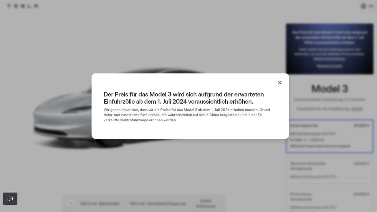 Tesla kündigt Preiserhöhung für Model 3 an (Screenshot aus dem Konfigurator)