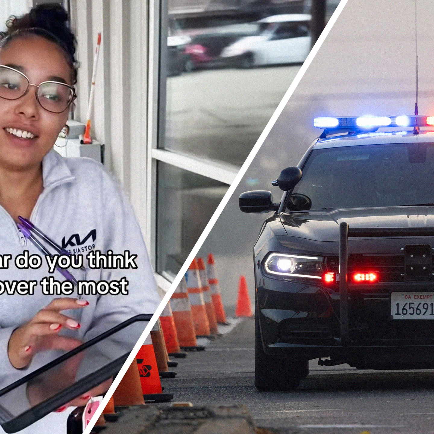 Car Color & Tickets: The #1 Most Pulled Over Color 2 A police car with flashing lights next to a woman reviewing data on a tablet, illustrating the data-driven answer to what car color gets pulled over the most.