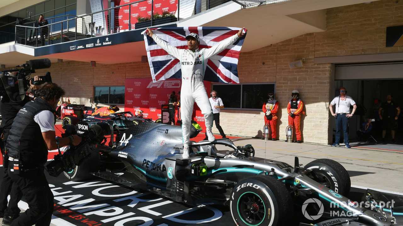 Lewis Hamilton celebrates winning the World Championship at US GP 2019