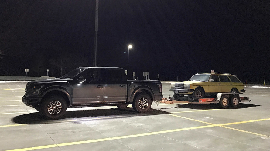2017 Ford F-150 Raptor towing a 1984 Mercedes-Benz 300TD Wagon