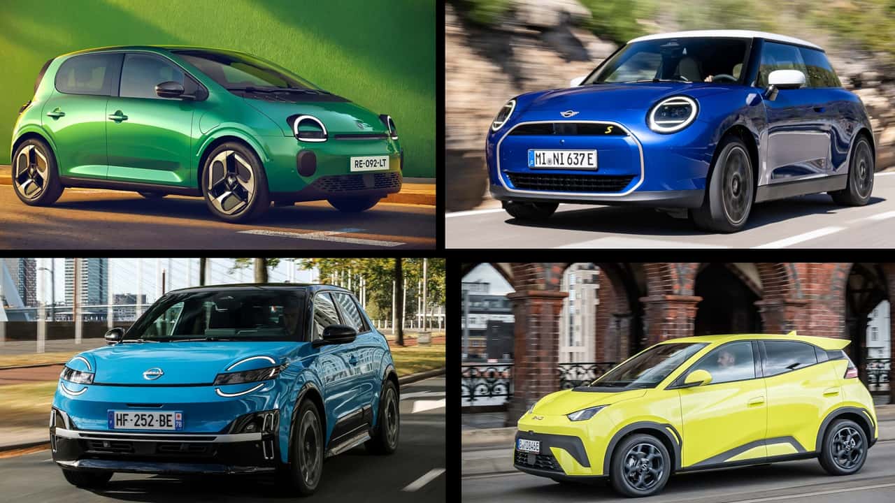 Collage mit vier der günstigsten Elektroautos auf dem Markt