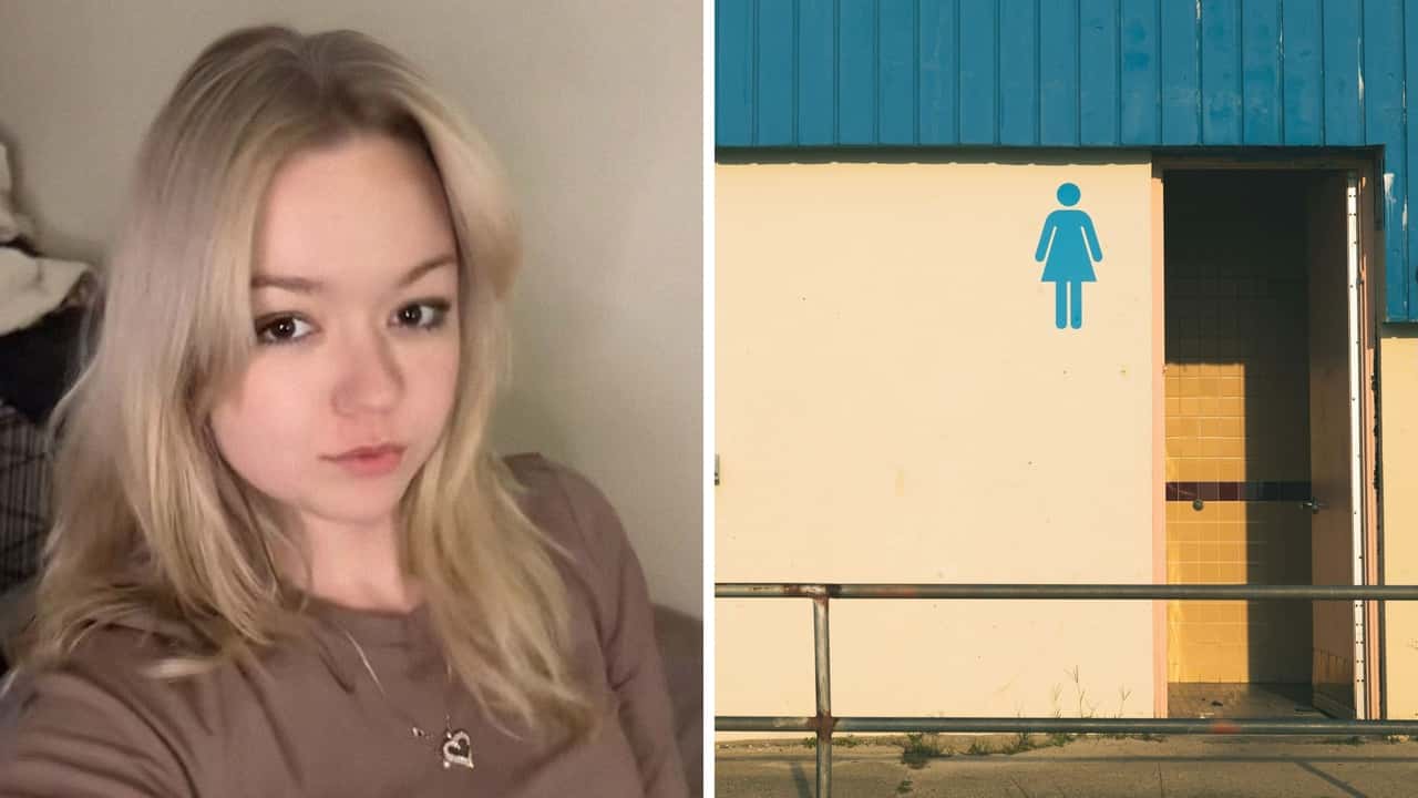 Woman goes into gas station bathroom. Then she gives the mirror a closer look