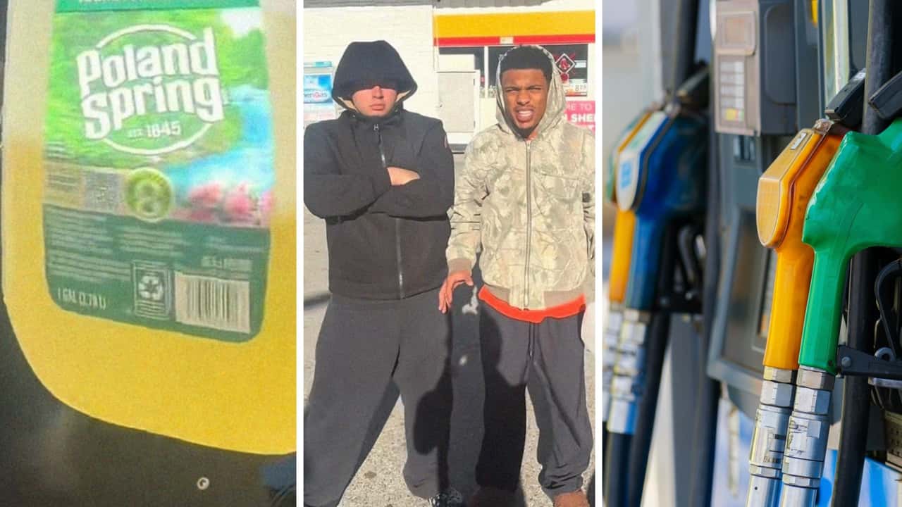 Man buys a gallon of gas at Shell. Then he pumps it into a one-gallon jug of Poland Spring to test if he got his money’s worth
