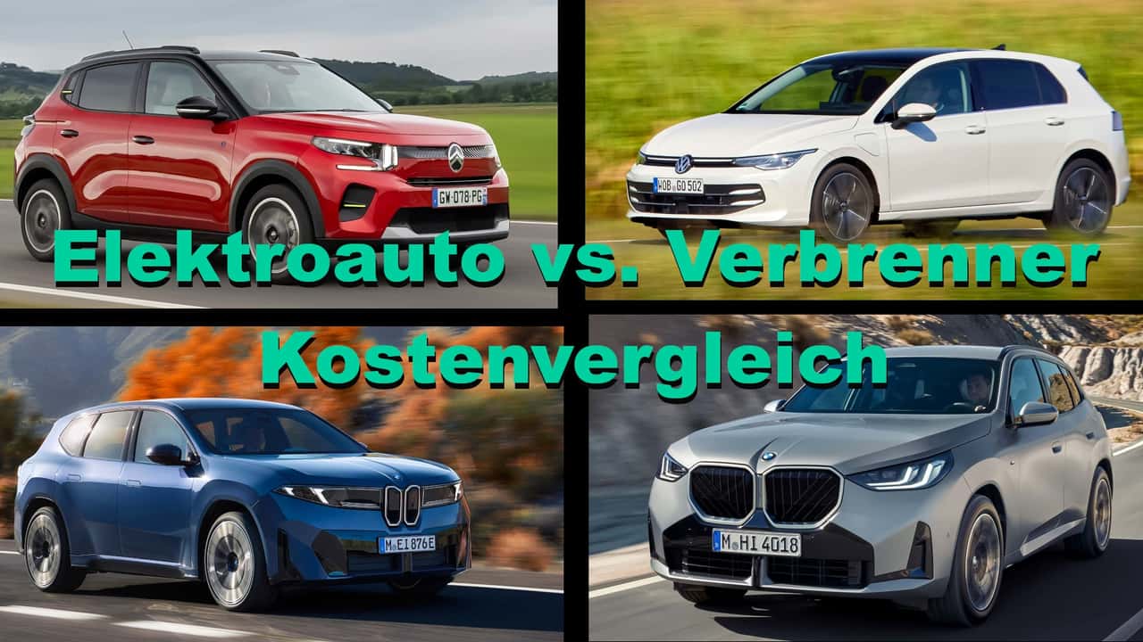 Collage: Zwei Elektroautos und zwei Verbrenner