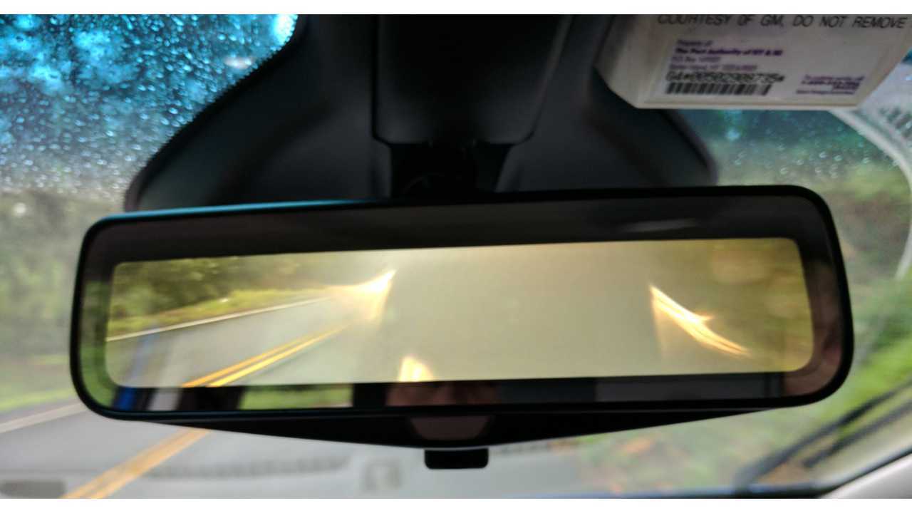 While I really loved the Bolt's rear camera mirror, under some inclement conditions, the vision can become obstructed by the rain, and the driver needs to flip it back to a standard mirror.