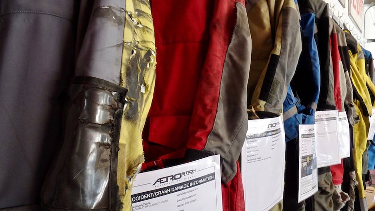 <em>Aerostich maintains a kind of Wall of Shame: a collection of Roadcrafters that have served their purpose to the point of being unrepairable.</em>
