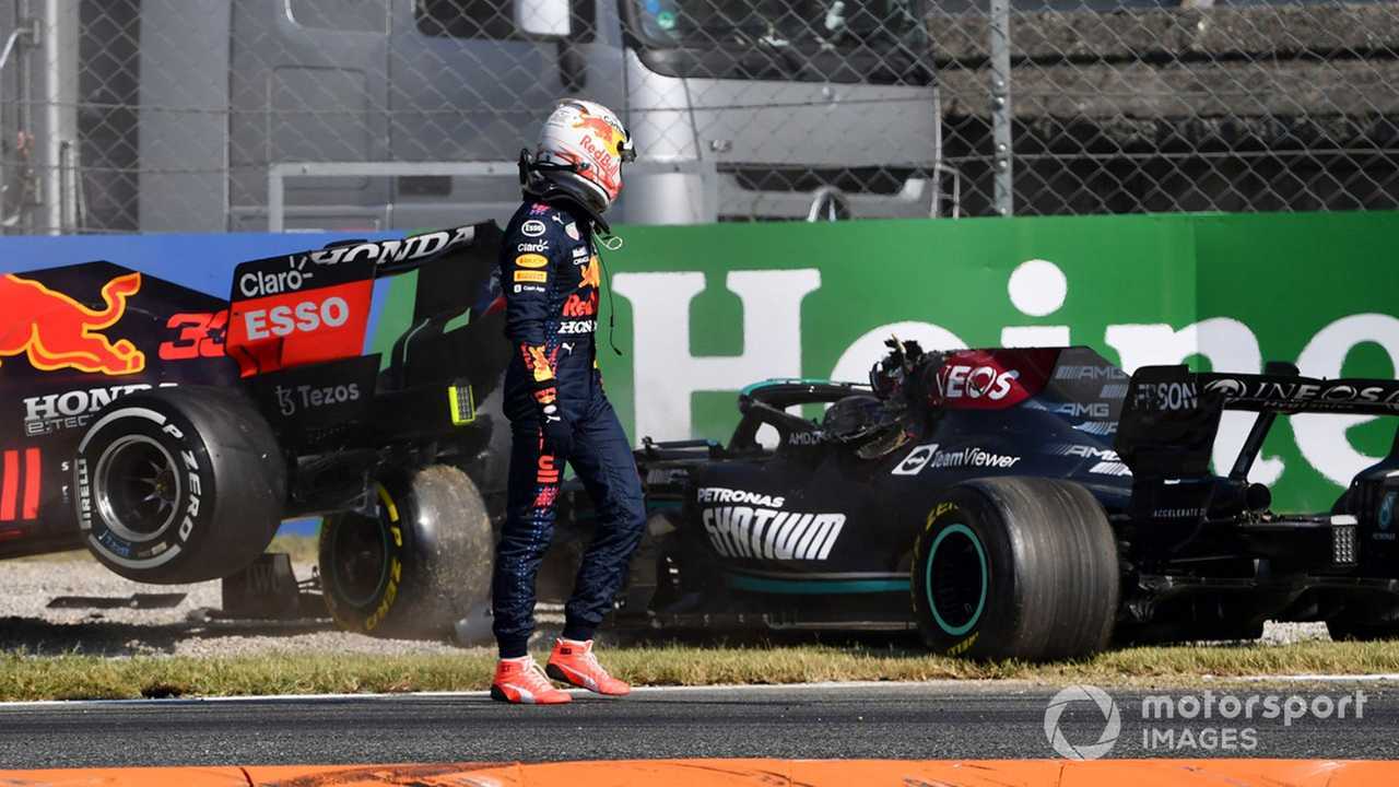 Max Verstappen looks at Lewis Hamilton after crash at Italian GP 2021