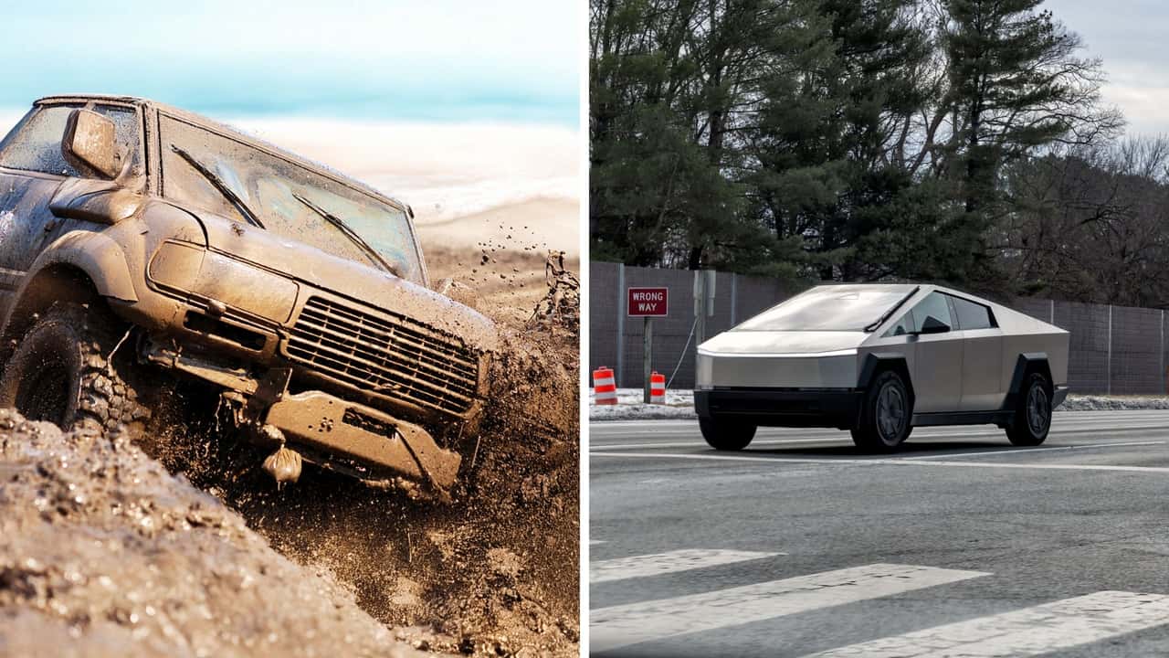 Cybertruck Passes Man on a Muddy Back Road. So He Speeds Up