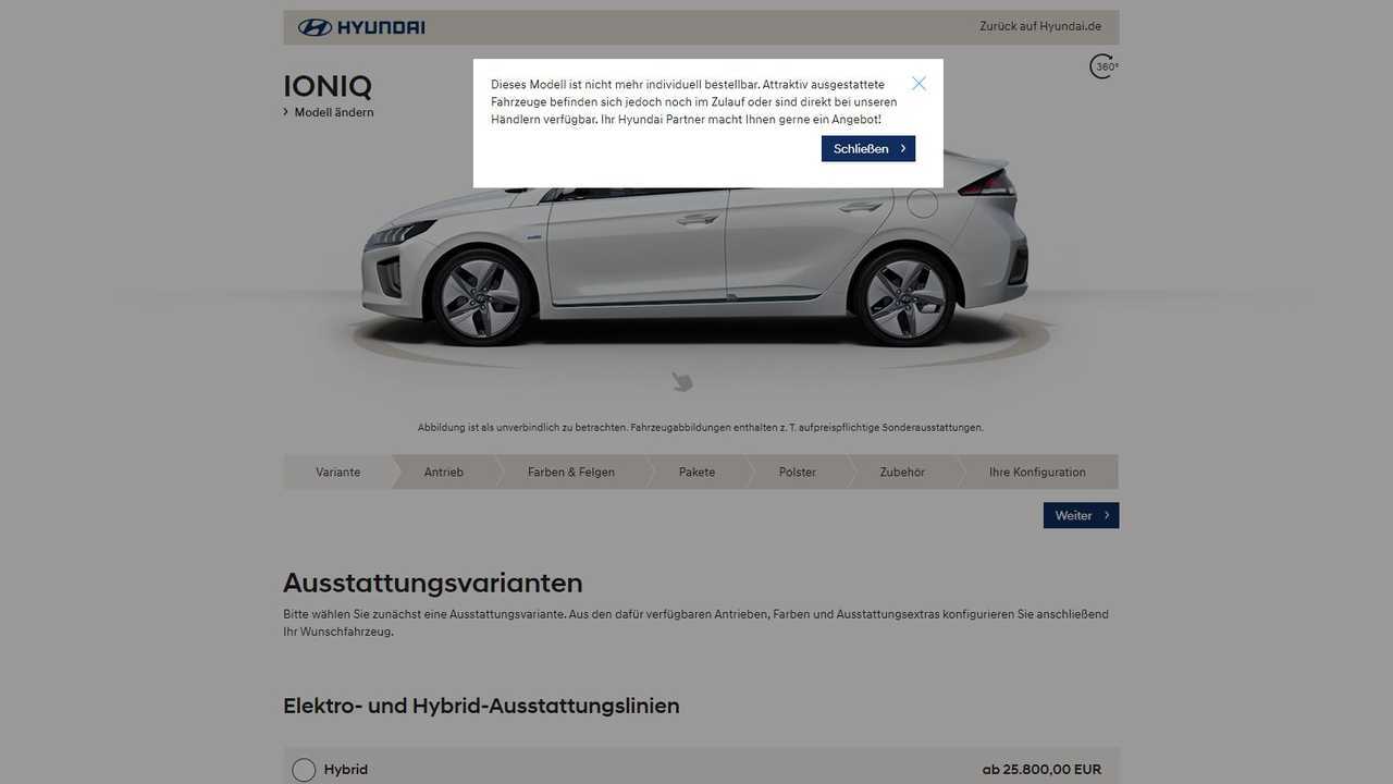Der Hyundai Ioniq ist auf der deutschen Website nicht mehr konfigurierbar - weder als Elektroauto, noch als Plug-in-Hybrid noch als Hybrid