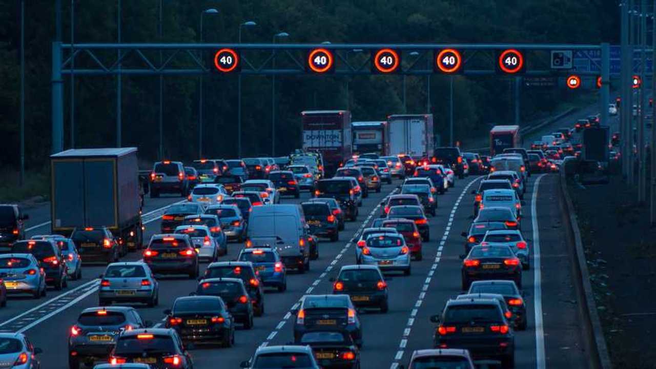 Evening traffic on motorway M1.M25 junction in Watford UK