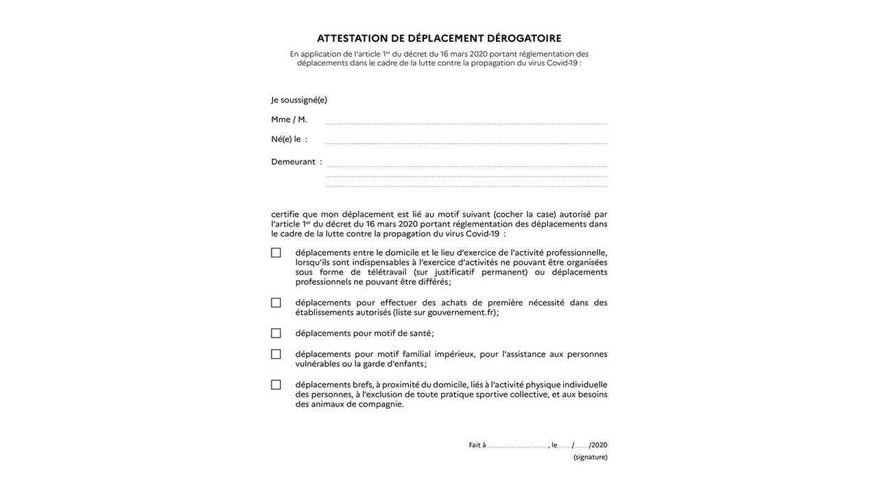 Coronavirus - Attestation de déplacement