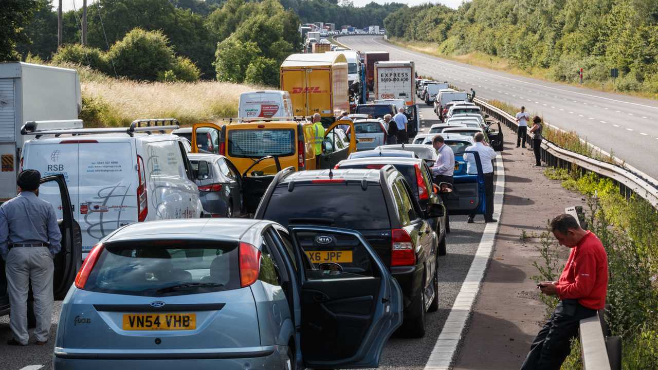 Motorway traffic jam after accident on the M40 in Warwickshire UK