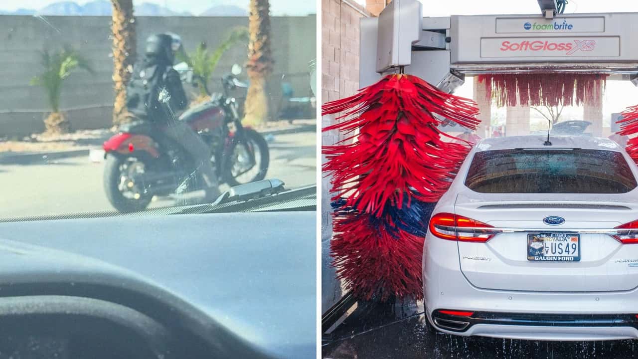 Man pays for car wash. Then he realizes the guy in front of him is going in on a Harley