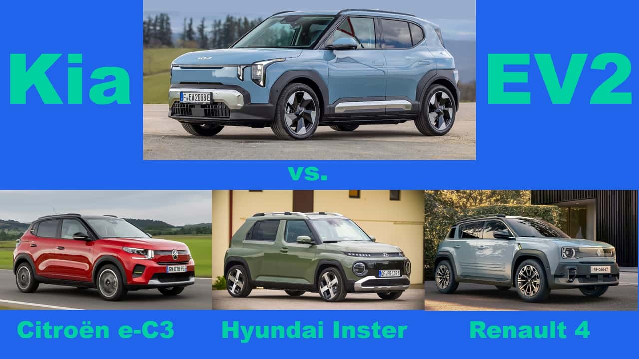 Collage: Kia EV2 mit drei Rivalen