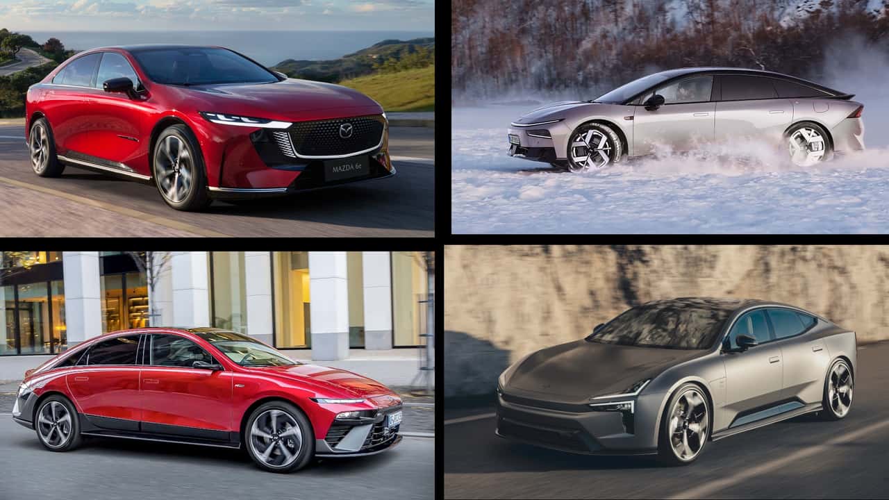 Collage: Vier Elektro-Limousinen, von Mazda, Hyundai, Polestar und Xpeng