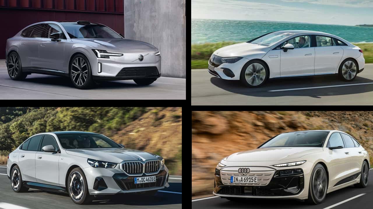 Volvo ES90 im Konkurrenzvergleich (Collage mit Audi A6 e-tron, BMW i5 und Mercedes EQE) 