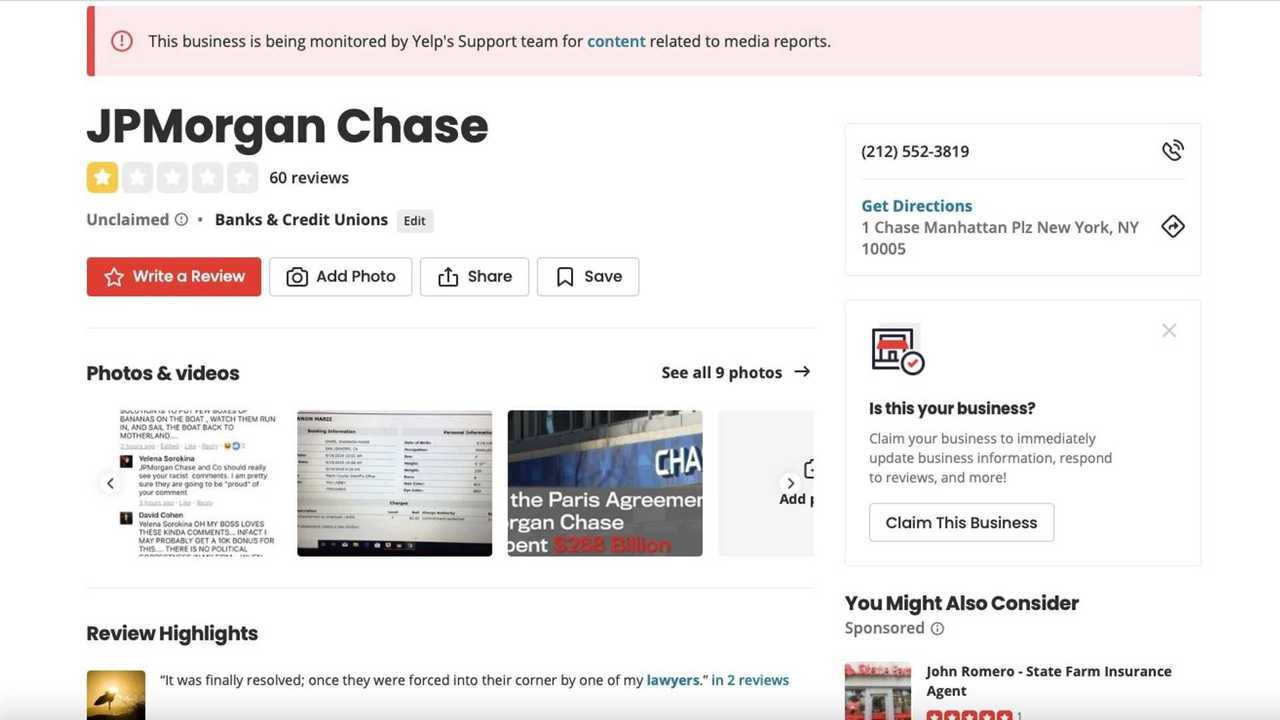 Yelp-Seite von JP Morgan mit Ein-Sterne-Bewertung von Tesla-Fans