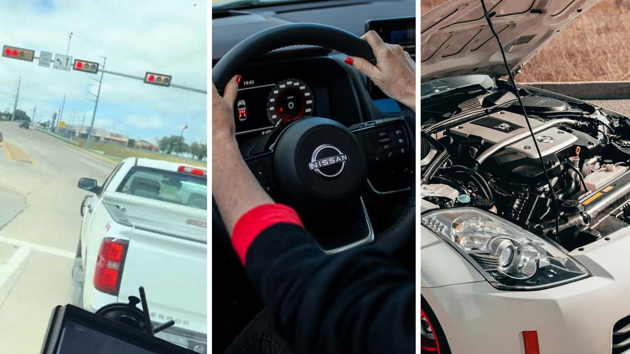 Nissan salesman takes customer on a test drive.