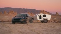 Polydrops P19 Shorty teardrop camper trailer with Tesla Model 3