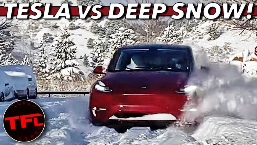 Watch This Tesla Model Y Drive In Deep Snow With All-Season Tires
