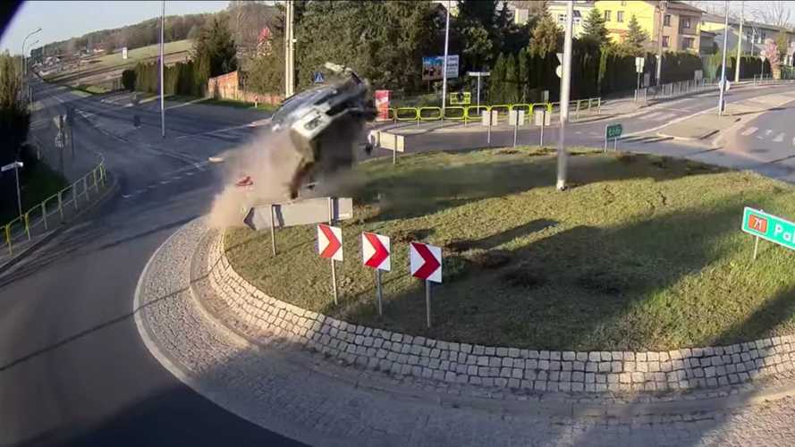 Watch Suzuki Swift go airborne after hitting roundabout