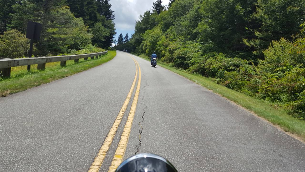 My lightweight VL really handled well in the mountains. The low speeds on the Parkway also helped to compensate for my poor brakes...