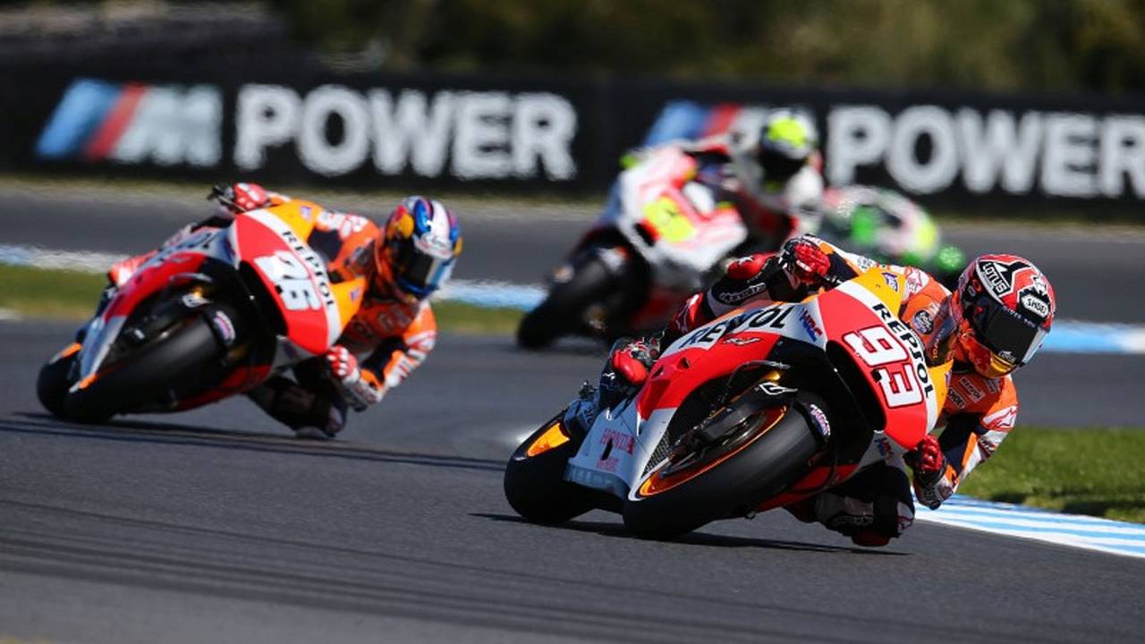 Pedrosa (26) chasing Marquez (93). As he has been chasing his teammate since he entered the series. (Photo courtesy Honda Racing Corporation.)