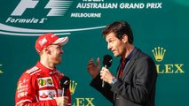 Sebastian Vettel, Ferrari, 1st Position, is interviewed by Mark Webber on the podium
