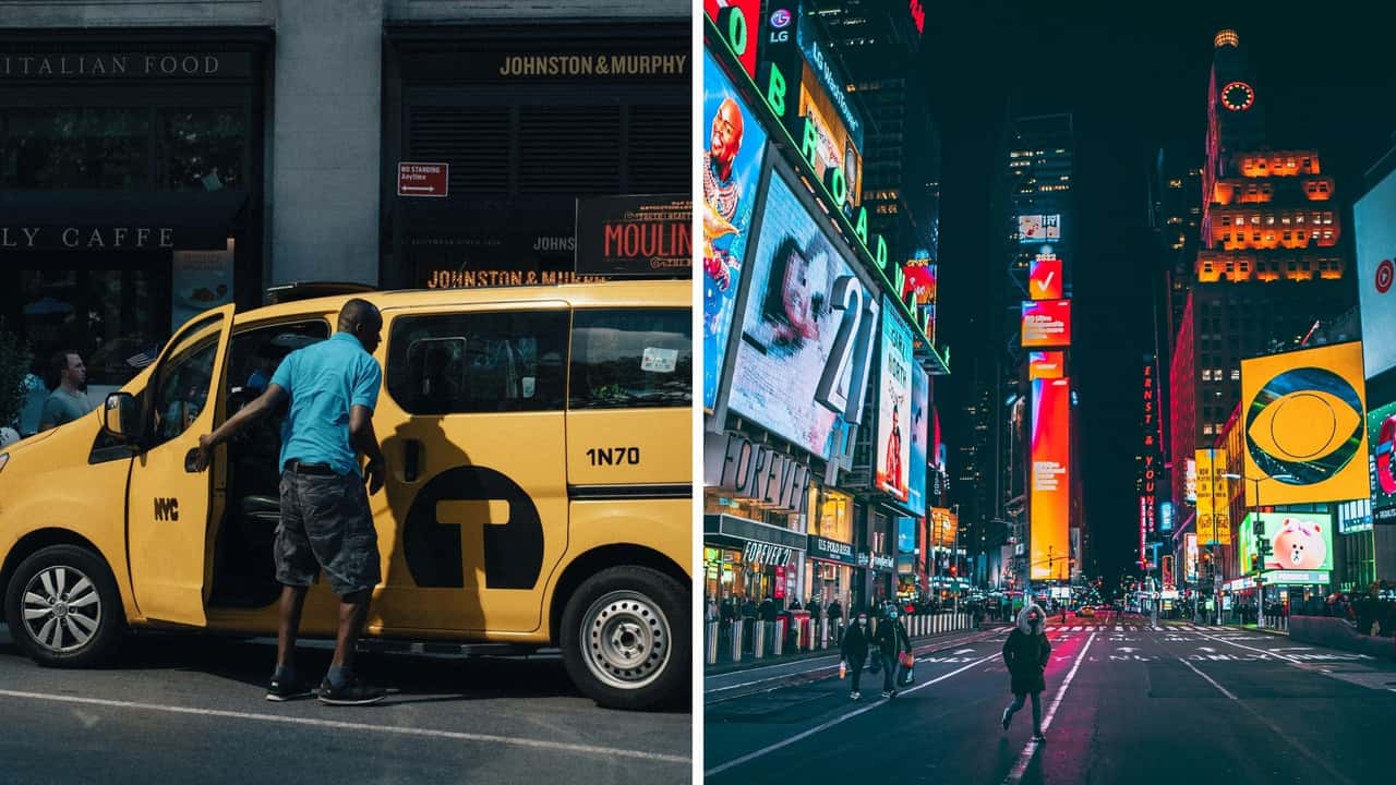 Taxi Drives Through Times Square