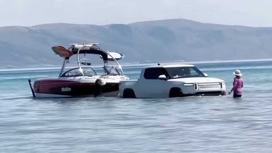 Watch Rivian R1T Drive Into Idaho's Bear Lake To Launch Boat